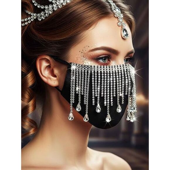Women's Rhinestone Mask Sparkly Sexy Nightclub Party Fringe Bling Crystal Masks - Picture 5 of 7